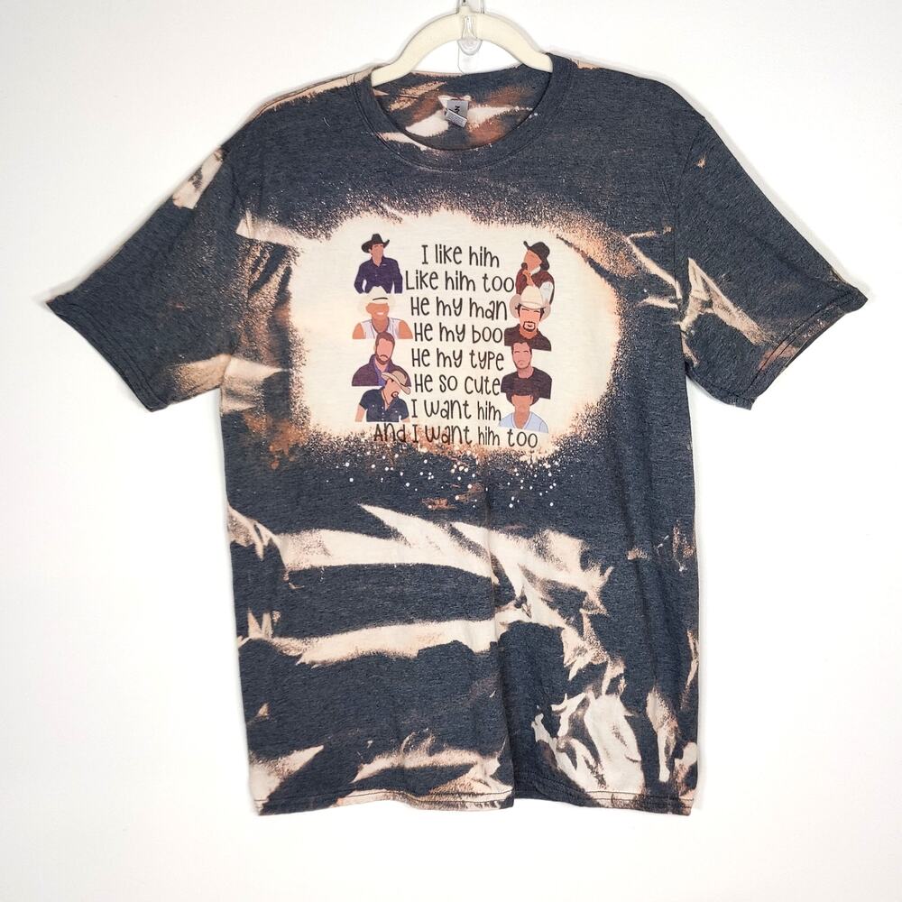 Men of Country Music Gildan Softstyle Graphic Tee Bleach Dye Dark Grey L Concert